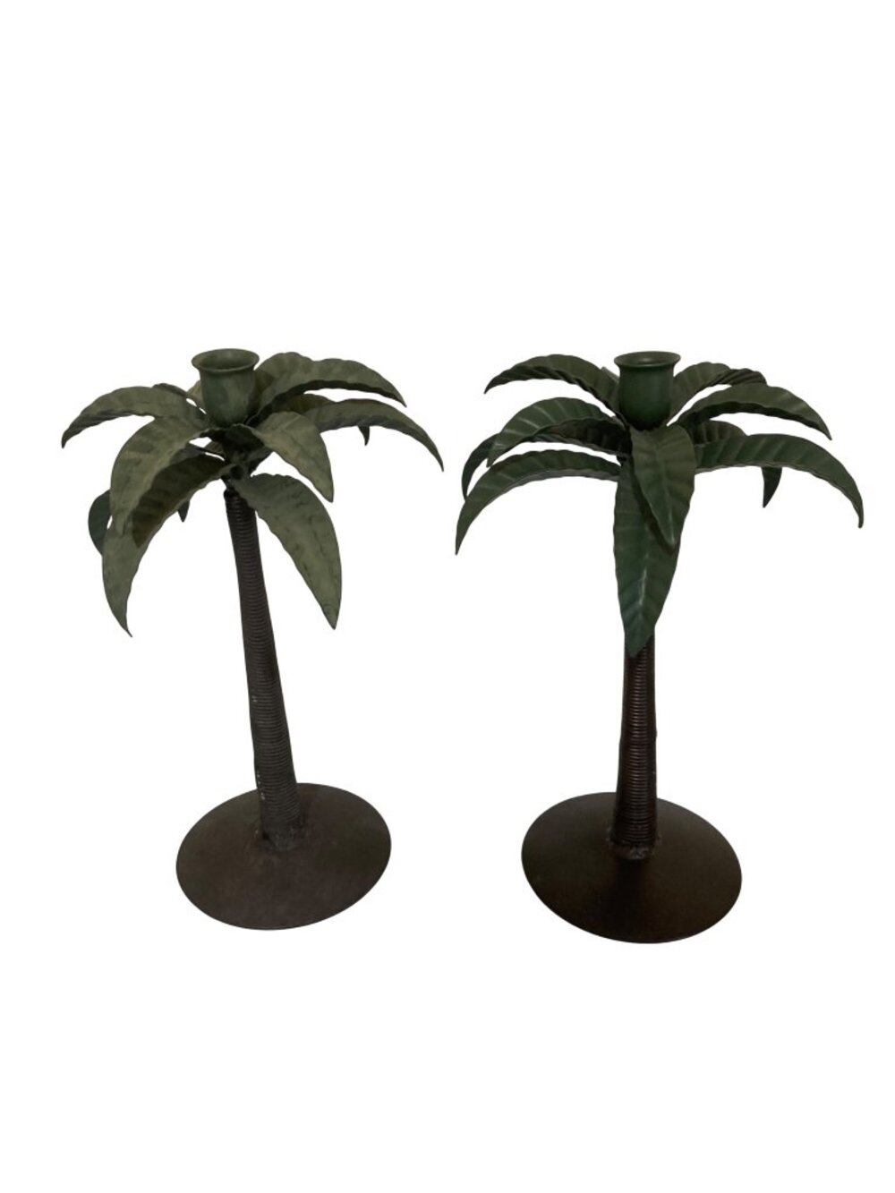 Set of 2 Vintage Metal Palm Tree Candlestick Holders